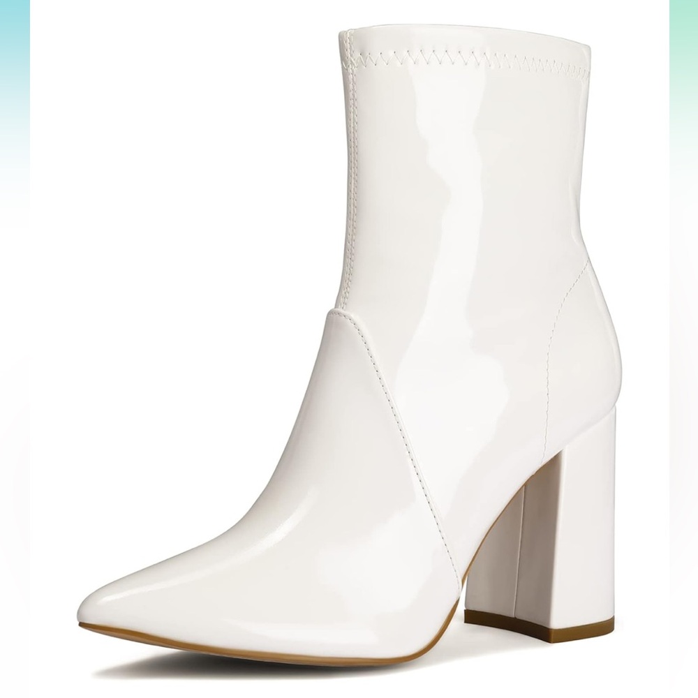 Women’s White Ankle Chunky Heel Pointed Toe Side Zipper Fall Boots Size 8.5